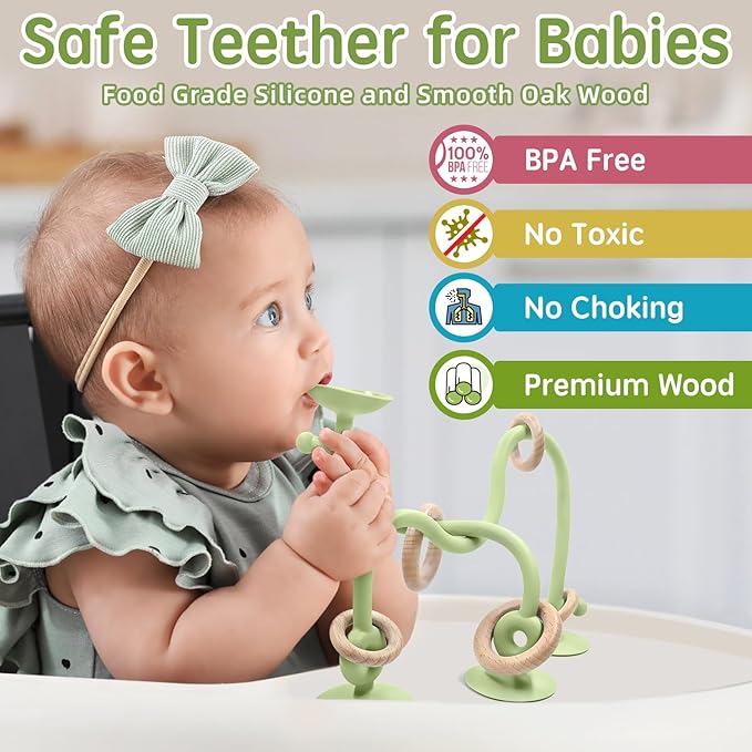 Baby Sensory High Chair Suction Toys for Infant Toddlers 6 12 18 24 Months, Food Grade Silicone String with Oak Loop Montessori Educational Baby Bath Toy Gifts (Green)