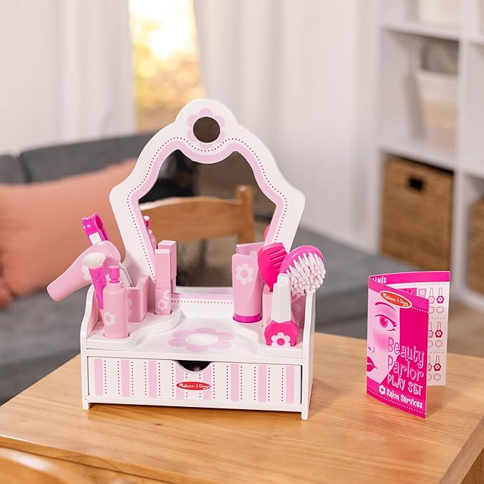Melissa & Doug Wooden Beauty Salon Play Set, 18-Piece Vanity with Pretend Play Toys, Makeup, Mirror, Accessories & More, Preschool Toys for Girls & Boys Ages 3+ - FSC Certified