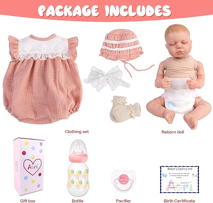Aori Reborn Baby Dolls Realistic Lifelike - 20" Newborn Girl Doll with Feeding Set, Sleeping Baby Toy for Kids Ages 3+ Years, Hand-Painted Vinyl Newborn Doll