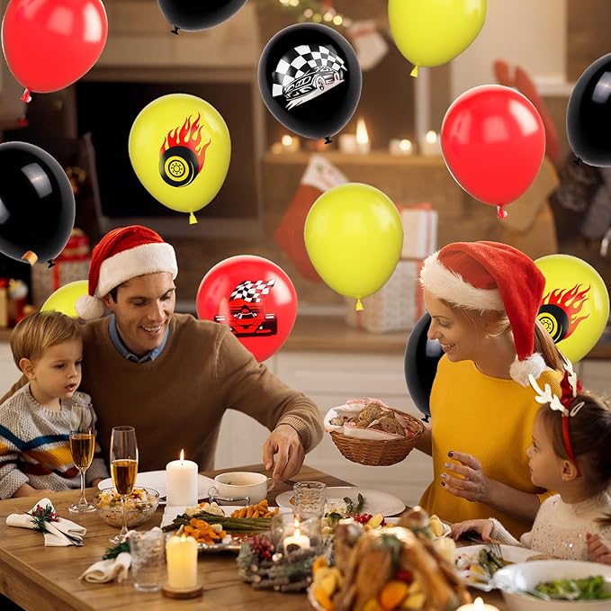Race Car Balloons, 12 Inch Red Yellow Black Race Car Party Supplies Checkered Flags Racing Party Printed Latex Balloons for Race Fans Birthday Party Fast Birthday Party Decorations Supplies