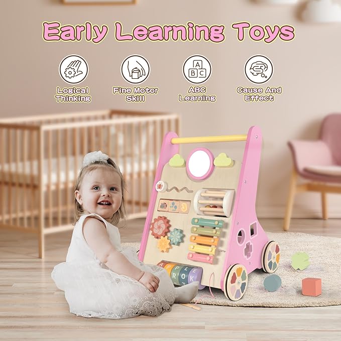 LOL-FUN Wooden Baby Walker for Girls with Wheels, Push Walker for Girl 6-12 Months, Pink Baby Push Toy for 1 Year Old Walking