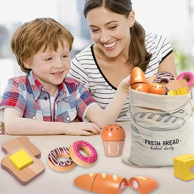 Wooden Bakery Playset Food Toys, Kids Pretend Play Food Baking Set Kitchen Accessories with Storage Bag, Pretend Play Bread Cutting Food for Boys Girls 3+