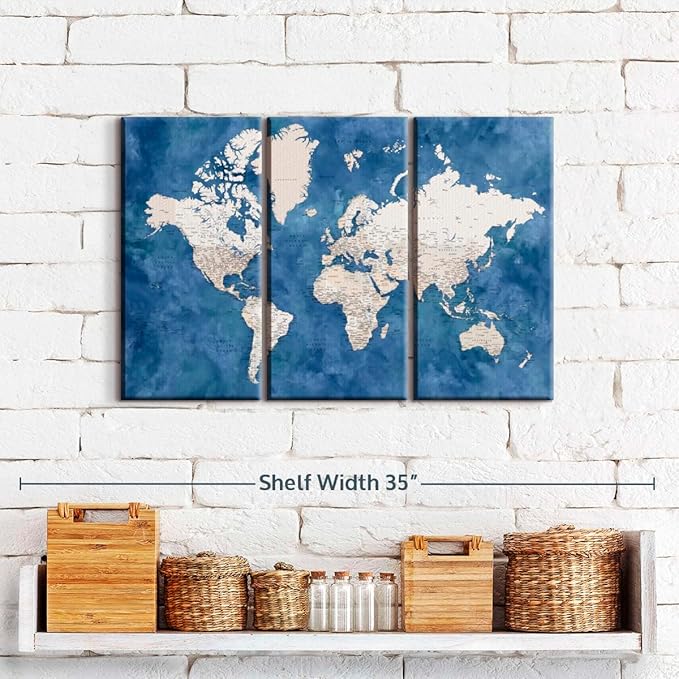 ElephantStock Detailed World Map With Cities I Wall Art - Horizontal Canvas - 3-Piece Living Room Decor - Watercolor Map Canvas Print - Beige and Blue Wall Decor by Blursbyai - 23" X 14"