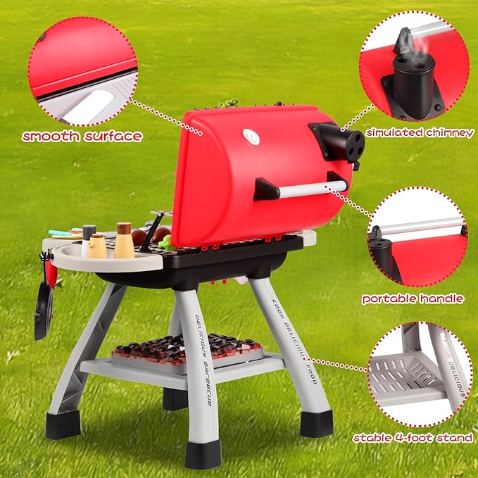 Kids BBQ Grill Playset with Simulated Smoke & Sound & Light, Play Kitchen Set W/ 41PCS Toy Food, Indoor & Outdoor Interactive Kitchen Pretend Play Toys, Cooking Toy Kit for Toddler Boy Girl 3 4 5+