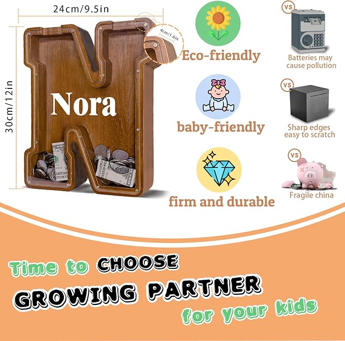 Wooden Letter Piggy Bank for Kids Larger Letter Piggy Bank for Boys and Girls Personalized Piggy Bank Initial Coin Bank Wood Kids Money Bank for Birthday and Festival