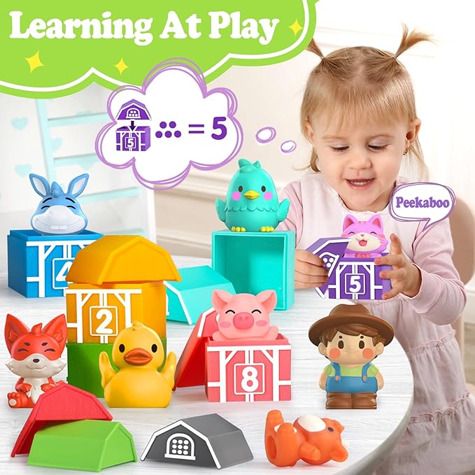 Oriate Learning Farm Animals for Toddlers 1-3, 20Pcs Farm Animals Barn Toy Montessori Counting, Matching & Sorting Fine Motor Games, Birthday Easter Gift for Baby Boys Girls Age 12M+