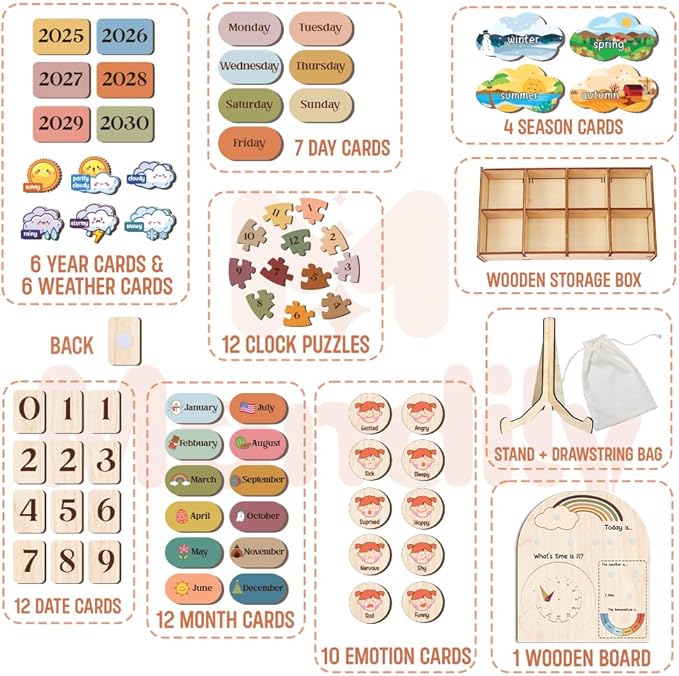 Interactive Calendar for Kids Ages 3+, Wooden Toddler Calendar, Teaching Seasons, Years, Months, Days of Week, Daily Activity Calendars for Kid Preschool & Homeschool (04 - Rainbow)
