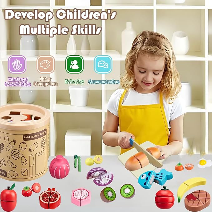 Play Kitchen Accessories, Wooden Play Food, Pretend Kitchen Cutting Fruit Vegetables Toys for Toddlers 3+ Years with Basket, Educational Toddler Toys for Fine Motor Skills, Gift for Boys Girls