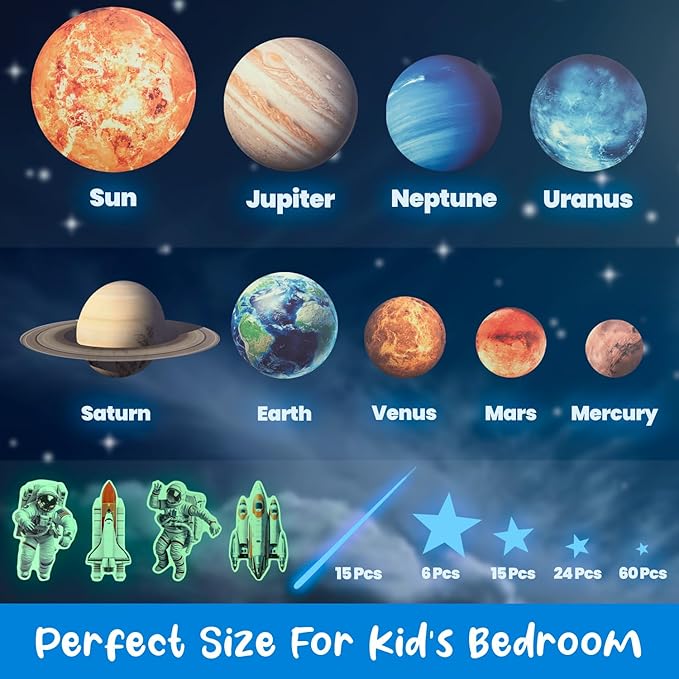 Glow in The Dark Stars and Planets, Bright Solar System Wall Stickers - USA Astronaut Spaceship, Ceiling Decals for Kids Bedroom Any Room, Shining Space Decoration, Birthday Gift for Boys and Girls