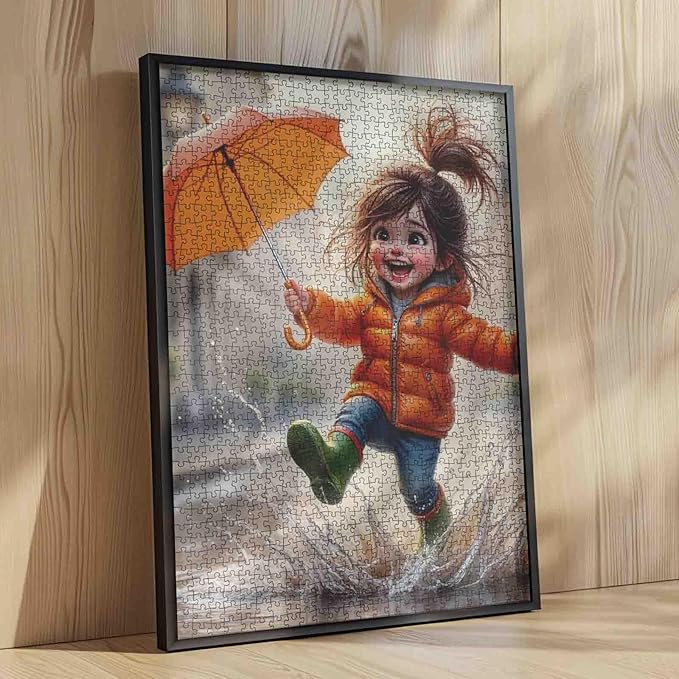 Tucocoo Cute 1000 Piece Puzzle for Adults, Happy Cartoon Girl Jumping in Rain with Orange Umbrella Jigsaw Home Decor, Whimsical Rainy Day Scene – Fun and Challenging Puzzles Gift for Women, Teens