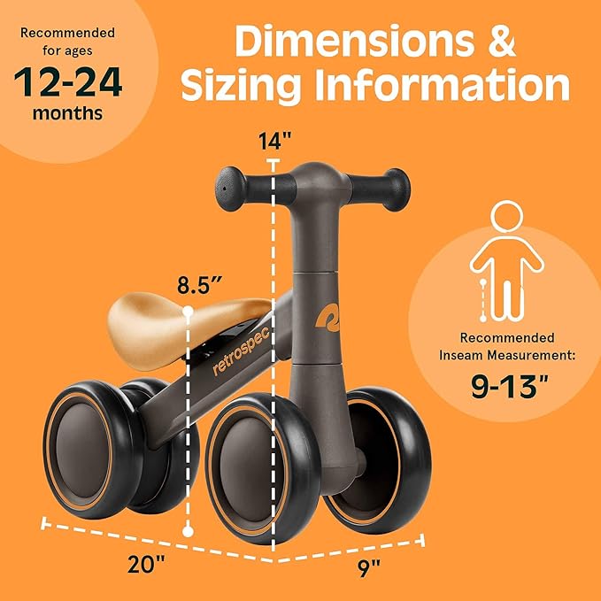 Retrospec Cricket 2 Baby Walker Balance Bike with 4 Wheels - Safe Learning Toy for Ages 12-24 Months - Scratch-Resistant Indoor Outdoor Toddler Riding Toy with Steering Limit & Soft Grips