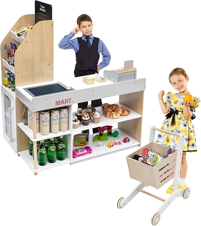 HONEY JOY Kids Grocery Store Playset, Wooden Grocery Store Pretend Play w/Cart, Cash Register Stand w/Coins, Chalkboard, Toddler Supermarket Play Toy for Boys Girls(Play Food Not Included)