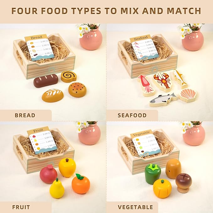 Wooden Play Food Sets for Kids Kitchen,Grocery Store Play Food Set,Play Toy Foods for Toddlers with Mesh Grocery Bag&4 Boxes,Pretend Play Fake Food Accessories Birthday Gifts for Girls Boys