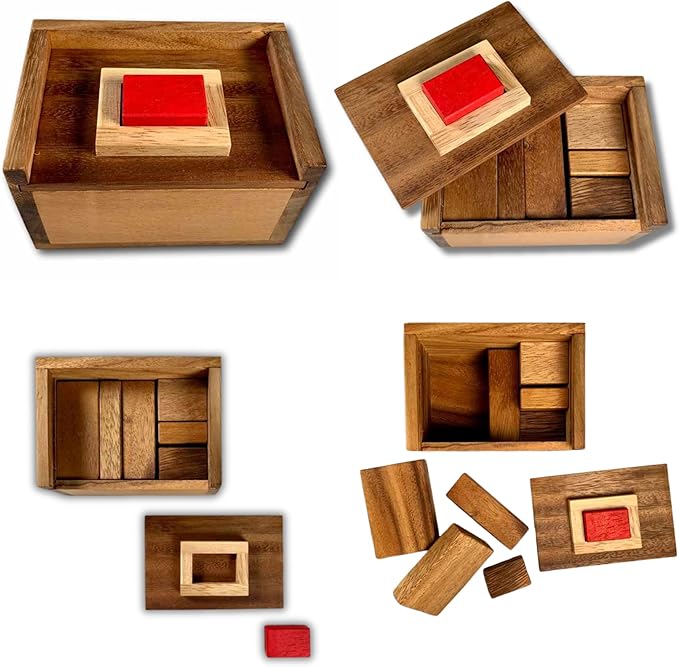 Difficult Puzzle for Adults - Hide The Red Stone Wood Puzzle - 9 Piece Brain Teaser