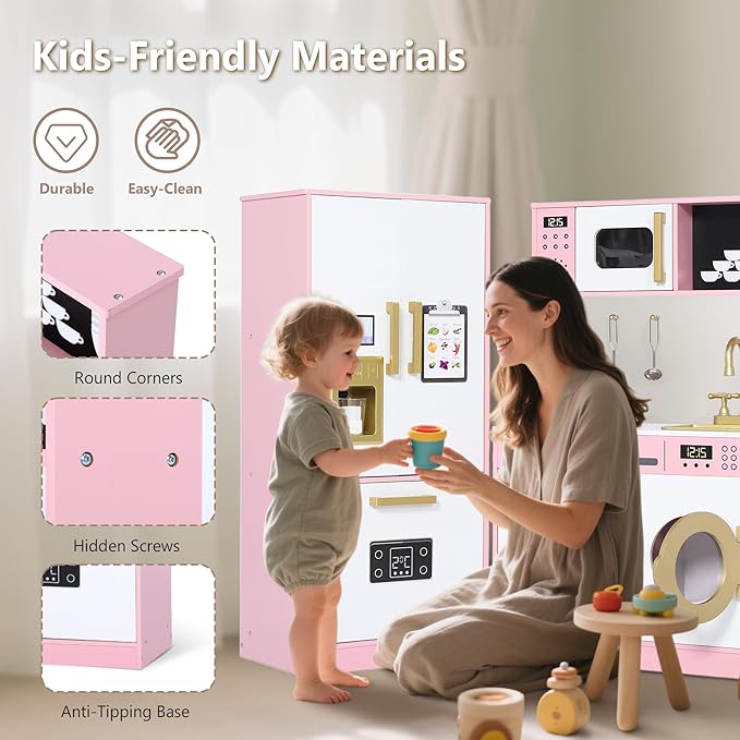Kinder King Wooden Kids Play Kitchen, Toy Kitchen Playset for Toddler, Play Kitchen Set w/Transparent Coloring Board, Pretend Fridge, Washing Machine, Ice Maker, Gift for Boys Girls Age 3+, Pink