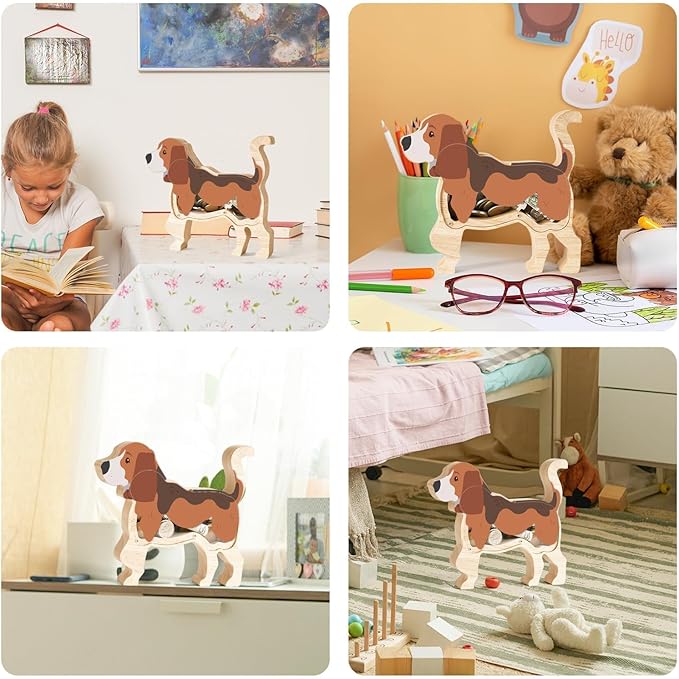 Wooden Beagle Dog Piggy Banks for Kids, Adorable Dog Piggy Bank with Acrylic Panels, Unbreakable Toddler Money Box for Boys Girls, Cute Saving Coin Jar for Birthday Décor