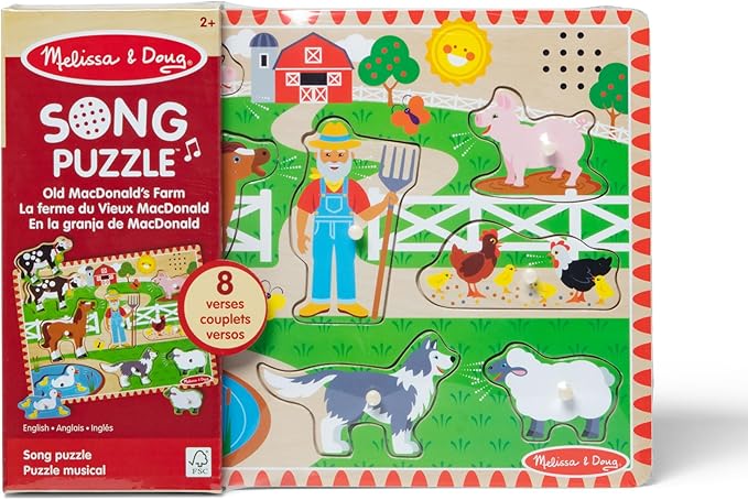 Melissa & Doug Old MacDonald's Farm Song Puzzle – 8-Piece Wooden Peg Puzzle with Light-Activated Sounds, Music Learning Toy for Toddlers and Preschoolers Ages 2+
