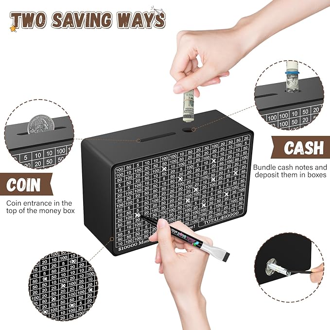 Wooden Money Saving Box, Cash Vault Savings Box for $10000 $5000 $3000 $1000 $800 $500 Target Money Saving Challenge, Reusable Money Box with Counter, Dry Erase Pen/Savings Trackers/Rubber Band-Black