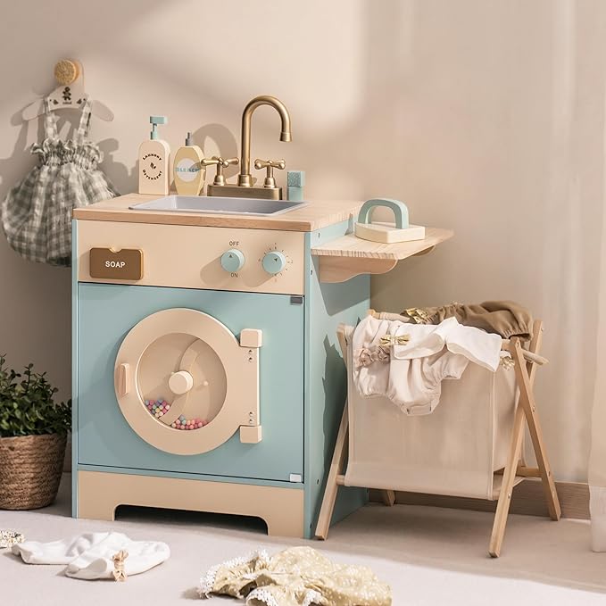 ROBOTIME Toy Kitchen Washer Playset, Wooden Toy Washing Machine for Kids with Clothes Basket, Iron and Sink, Pretend Toddlers Kitchen Toy with Accessories for Ages 3+