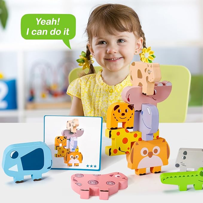 Montessori Toys for 2 3 4 Year Old Boys & Girls, Wooden Animal Stacking Blocks for Toddlers 1-3 – Building Blocks Game Stacking & Sorting Toys Ages 2-4 Toddler Birthday Gifts