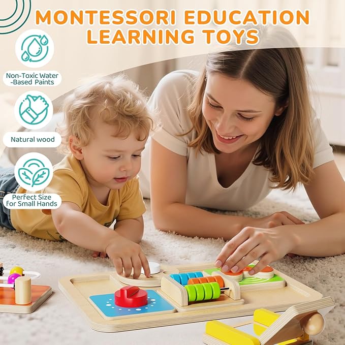 Montessori Busy Board for 1 Year Old, Modular Sensory Toys for Toddlers, Activity Board Toys for Fine Motor Skills, Airplane Car Travel Toys for Baby, Educational Toys for Boy & Girl, Birthday Gifts