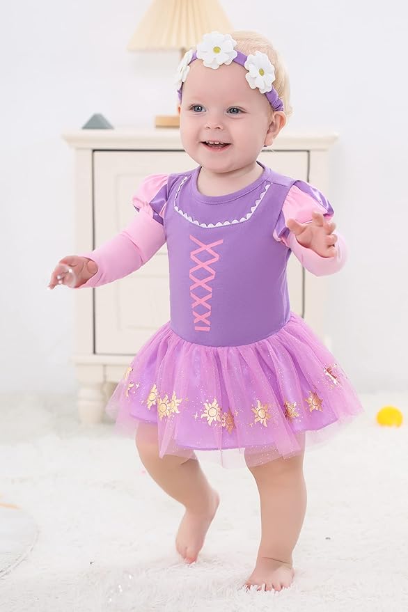 Dressy Daisy Princess Onesie Romper Fancy Dress Costume Halloween Birthday Bodysuit Outfit with Headband for Infant Baby Girl