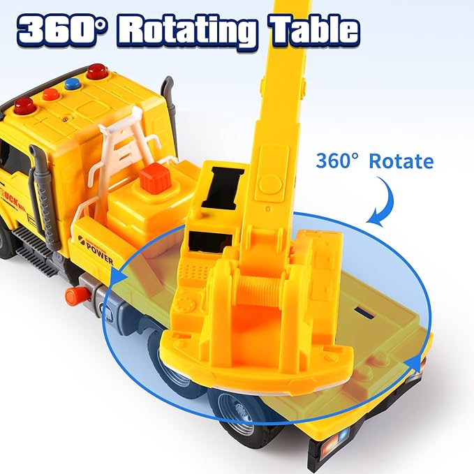 Crane Truck Toy for Kids Ages 3-7, Kids Toys Friction Powered Construction Vehicle with Extendable Arm, Rotating Crane, Lights and Sounds Birthday Gifts for Boys Girls