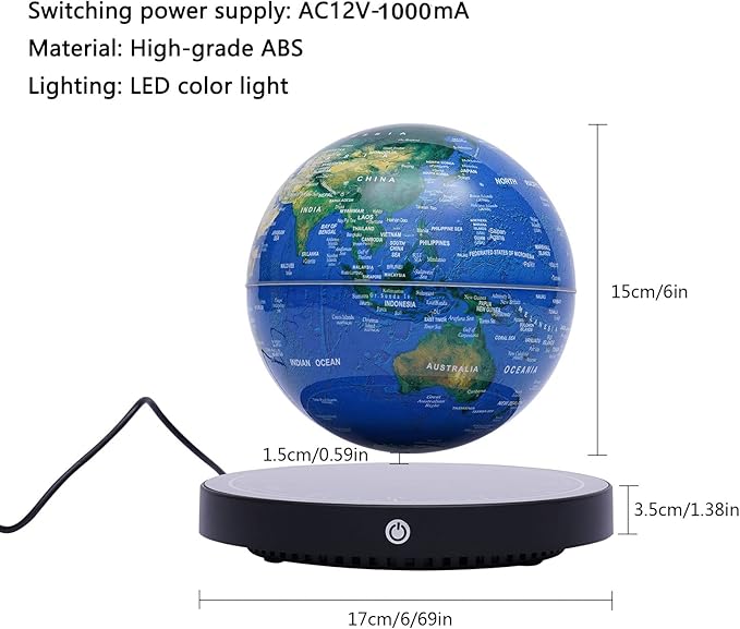 6" Magnetic Levitating Globe, 360°Rotating Geographic Globes Levitating Globes with LED Light Floating Magnetic Levitation Floating Globe for Desk Home Office Classroom Decor(Blue+Black/Style A)