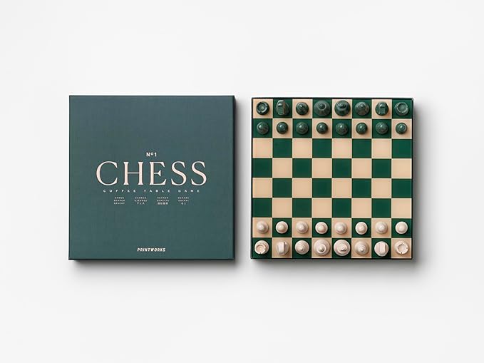 Printworks Classic Chess – Green Wooden Chess Set with Acrylic Board – Stylish Coffee Table Game for Adults & Kids Ages 5+ – Multilingual Instructions Included