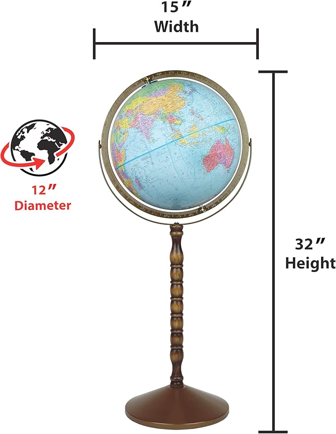 Treasury 12" Diameter Globe, USA Cartography, Convertible to Desktop with Raised Mountain Relief and Sturdy Metal Base and Hand Turned Hard Wood Stand.This economical 12” floor model stands 32” high on a durable metal base and attractive wooden pedesta...