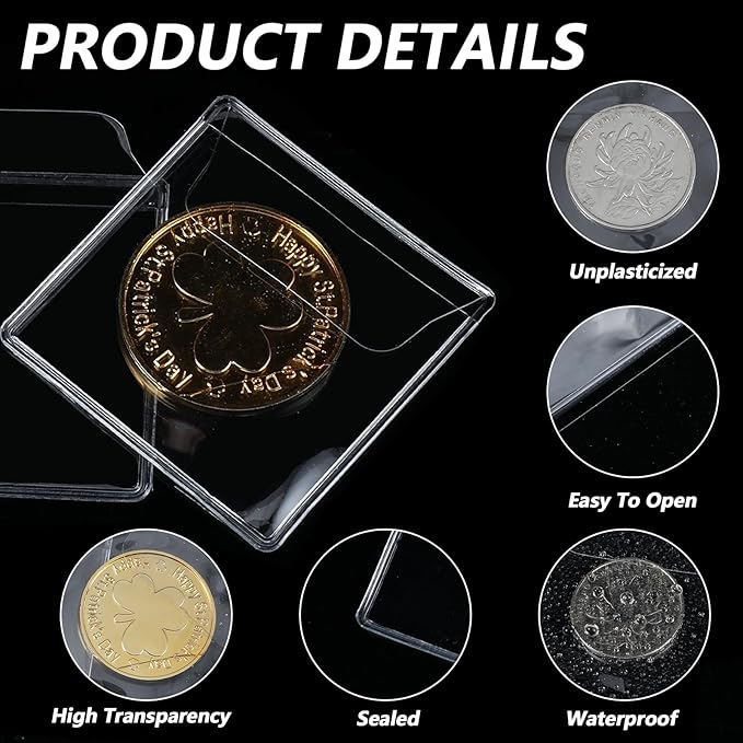 simarro 200Pcs Single Pocket Coin Flips Coin Sleeves Holders, 2.2x2.2 Inch Clear PVC Coin Protectors Badge Commemorative Coin Packaging Bag for Coins Jewelry and Small Items Storage