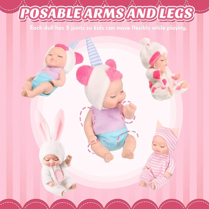 Hanaive 4 Pcs 4 Inch Mini Baby Dolls Lifelike Realistic Baby Dolls Animal Clothes Cute Tiny Gifts for Kids Birthday Party(Lovely Style)