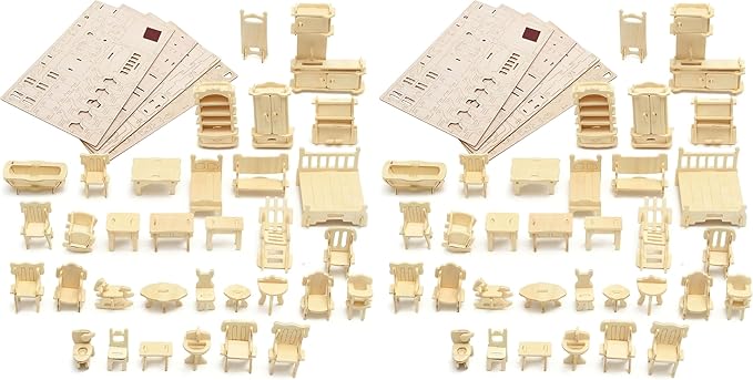 LOVEINUSA DIY Wooden Dollhouse Furniture Set, 3D Puzzle Miniature Room Accessories, Natural Wood (Pack of 2)