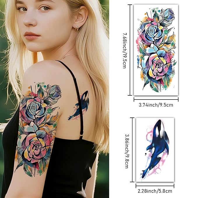 77 Temporary Tattoos for Women, Colorful Constellation Animal Flower Half Arm Fake Tattoos, Realistic Planet Lion Butterfly Rose Peony Tattoo Design
