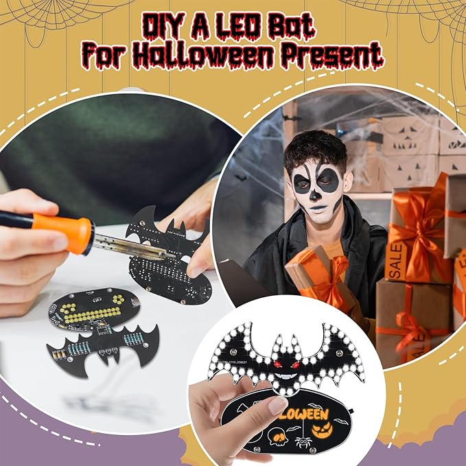 Halloween Bat Soldering Project, ICSTATION Bat Soldering Practice Kit With 5 Lighting Modes Glow Halloween Elements DIY Electronic Kits for School Education Halloween Present Desktop Decorations