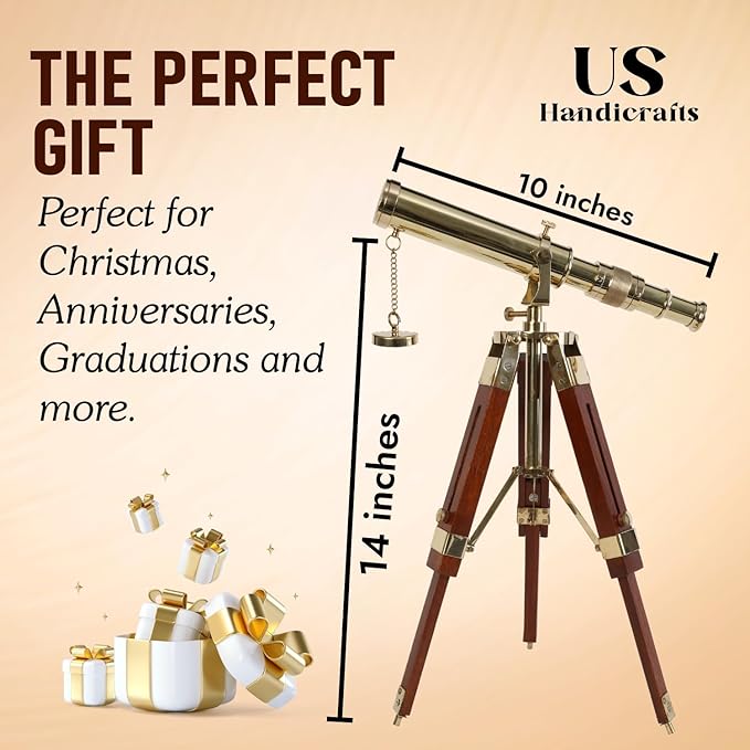 Vintage Brass Telescope on Tripod Stand – DF Lens Antique Desktop Telescope for Home Decor & Table Accessory | Nautical Spyglass for Navy & Outdoor Adventure
