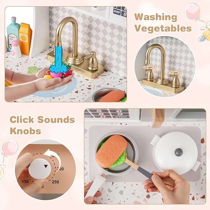 INFANS Kids Kitchen Playset, Toddler Wooden Kitchen Pretend Cooking Toy Set with Coffee Maker Ice Machine Dishwasher Microwave Storage Cabinet, Simulation Play Kitchen for Boys Girls 3+ (White)