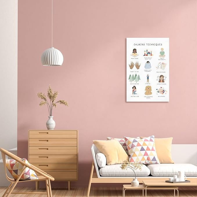 Feelings Calming Techniques Canvas Wall Art Calming Corner Classroom Mental health Posters Boho Emotions Chart for Kids Prints Special Education Wall Decor for Office School 24x36in Framed