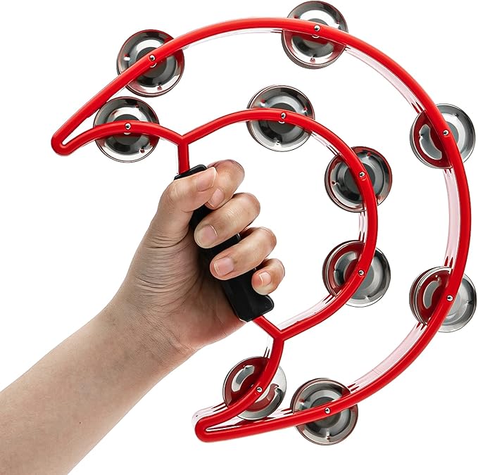 Musfunny Tambourine with Double Row Metal Jingles Hand Held Percussion Tambourines Musical Educational Instrument Gifts for Adults KTV Party (Red)