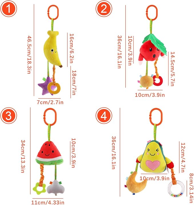 KAKIBLIN Baby Hanging Toys, 4 Pack Carseat Toys,Early Baby Cognitive Sensory Soft Hanging Toy for Crib Stroller Gym Mobile Plush Toy,Suitable for Babies 0-12 Months,Fruit