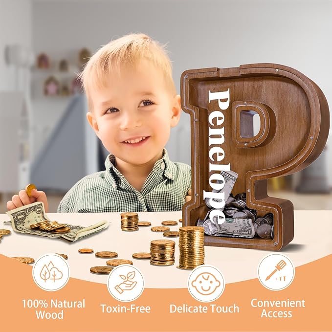 Wooden Letter Piggy Bank for Kids Larger Letter Piggy Bank for Boys and Girls Personalized Piggy Bank Initial Coin Bank Wood Kids Money Bank for Birthday and Festival