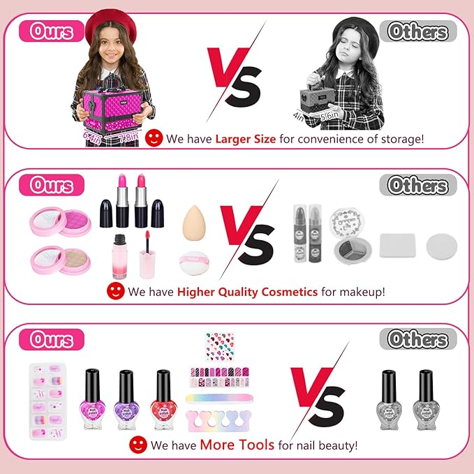 Hollyhi 59 Pcs Kids Makeup Kit for Girl, Washable Play Makeup Toys Set for Dress Up, Pretend Beauty Vanity Set with Cosmetic Case Birthday Toys for Girls 3 4 5 6 7 8 9 10 11 12 Year Old Kids Toddlers