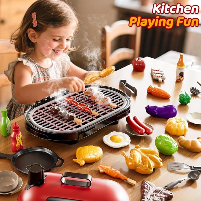 Kids Grill Playset for Toddlers 3-5, 2-Layer Outdoor BBQ Cooking Toy with Smoke, Lights and Sounds, Backyard Pretend Play Kitchen Set, Outside Toys for Boys and Girls