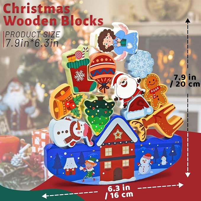 Vileafy Christmas Toys for Toddlers and Kids Gifts, Xmas Wooden Stacking Toys -12 Play Figure Playsets -Santa Claus, Snowman, Reindeer & Gingerbread Man for Stocking Stuffers
