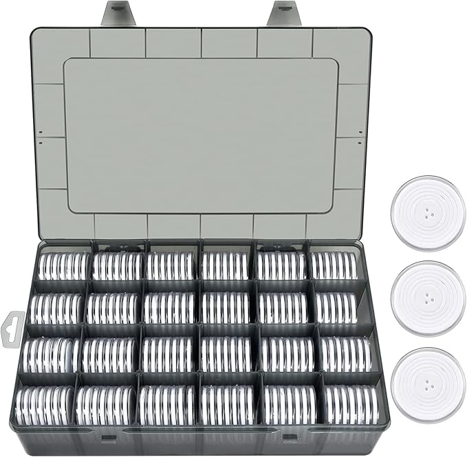 FULLCASE Coin Capsules 46mm with Foam Gasket and Plastic Storage Organizer Box, 6 Sizes (20/25/27/30/38/46 mm) Coins Collector Case Holder for Collection Supplies-168 Pieces(Light Grey)