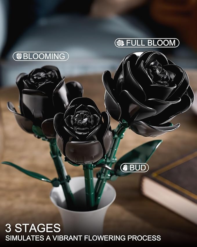 Black Roses Flower Building Set, Halloween Artificial Bouquet Kit Compatible with Legos Bricks - Indoor Plant Decorations for Home & Office - Romantic Gift for Women and Girls 6+