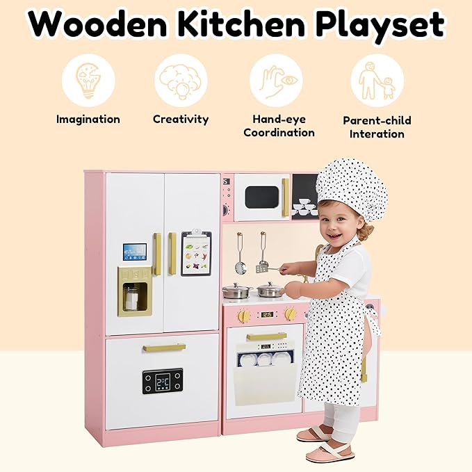 Play Kitchen Sets for Kids, Pretend Wooden Kids Kitchen Playset, Interactive Toy Kitchen with Freezer, Washing Machine, Ice Maker & Large Storage Space, for Boys Girls Ages 3+, Pink