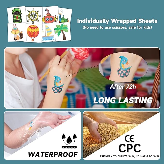 EMOME 204 Sheets Glitter Tattoos for Kids, Individually Wrapped Kids Temporary Tattoos for Girls and Boys, Fake Tattoo Stickers for Birthday Party Favors Supplies, Halloween Goodie Bag Stuffers