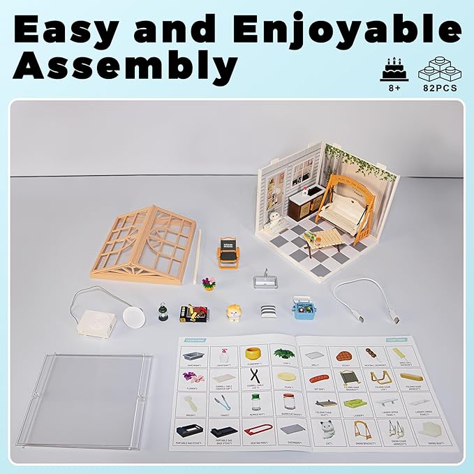 DIY Miniature House Kit Plastic House Building Toy Set with Roof & 2 Doors, Mini Dollhouse Kit with LED for Mini Figures Construction Toys Diorama Kit Gifts for Teens Adults (Happy Garden)