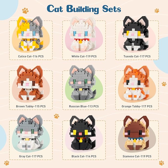HIGH GODO Cat Building Set, Mini Cat Party Favors for Kids, 9 Pack Small Cats Toys Figurines, Animal Goodie Bag Stuffers, Gifts for Adults Kids Boys Girls Age 8+